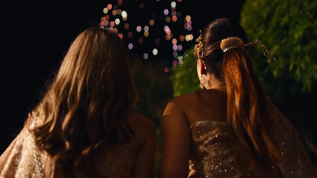 Asian women watching loi krathong fireworks at wat arun