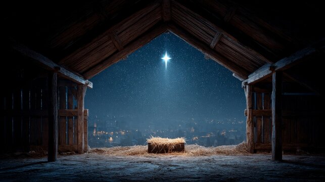 A rustic wooden barn interior. A bright star shines above, illuminating a hay-filled manger in the center against a snowy night - Powered by Adobe
