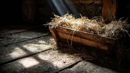 Fototapeta premium Close-up view of a rustic wooden manger filled with straw, illuminated by a beam of sunlight. The rough-hewn boards of the structure are visible