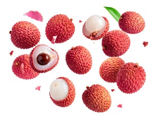 Levitation shot of multiple red, textured fruits, some halved to reveal white flesh and dark seeds