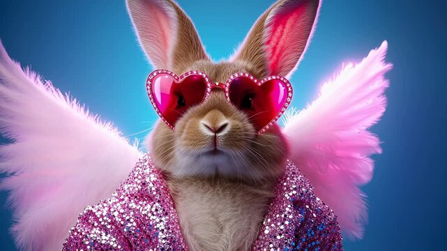 Stylish bunny wearing heart-shaped glasses, glittery pink jacket, and angel wings, striking a bold pose in a vibrant studio scene.