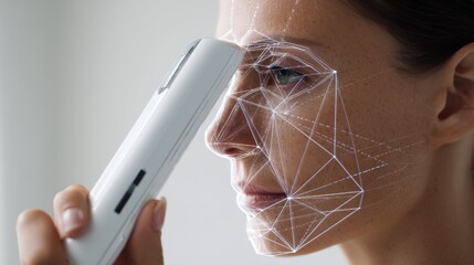 Person interacting with a sensorized facial device that scans multiple skin parameters emphasizing advanced technology for holistic skincare assessment
