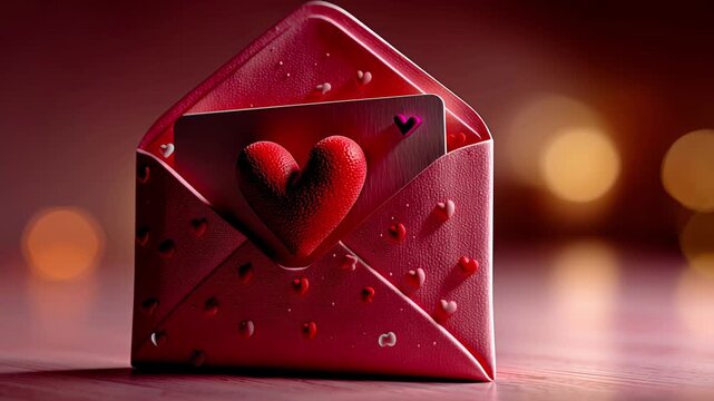 Sweet pink envelope decorated with small hearts and heart-shaped seal, set against a romantic background with warm bokeh.