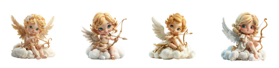 Fototapeta premium Four adorable cartoon cherubs with bows and arrows seated on clouds a delightful image on transparent background