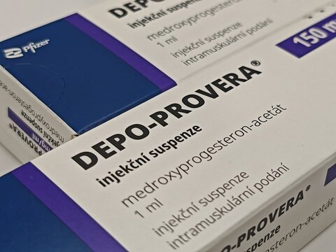 Prague,Czech Republic-May 9 2025: DEPO-PROVERA box of medication with MEDROXYPROGESTERONE active substance by PFIZER,used for contraception,birth control