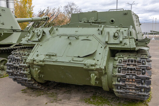 A self-propelled Soviet artillery installation from the Second World War. A large-caliber self-propelled armored installation for fighting heavy tanks and pillboxes. Armored military equipment.