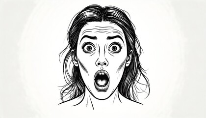 Line art illustration depicts a woman's shocked expression, wide eyes, open mouth. The image has a detailed style