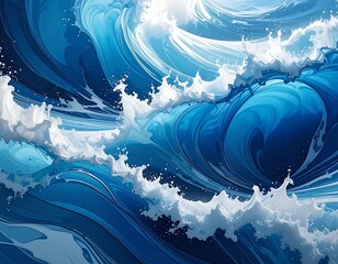 Illustration of a majestic, stylized ocean wave crashing and swirling
