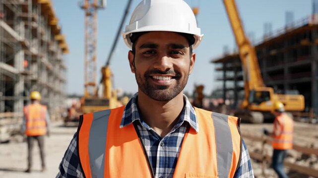 Portrait of a confident construction worker in a hard hat and safety vest, smiling on a sunny job site, Construction site with cranes and buildings under development, a worker in reflective gear