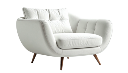 A pristine white curved armchair with a tufted back and cushion, set against a transparent background