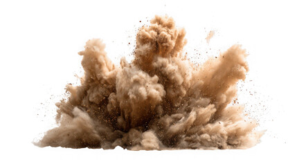 A dynamic explosion of sand and dust particles captured mid air with dramatic effect on transparent background