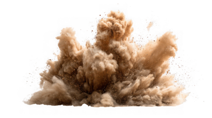 A dynamic explosion of sand and dust particles captured mid air with dramatic effect on transparent background