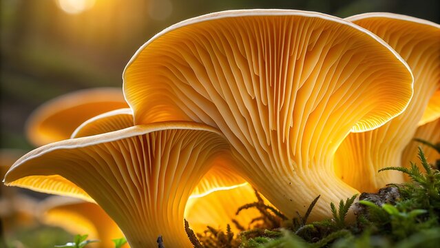 Digitally enhanced macro photo of mushroom gills in warm yellow tones. Abstract organic pattern with smooth texture and radiant light, perfect for modern design. Aesthetic photo