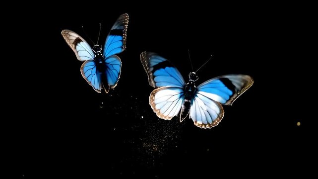 Blue fairy butterfly flying on black background with glowing particles. Blue Adonis Butterflies Flying Transition Realistic 3D animation effect with alpha channel on transparent background