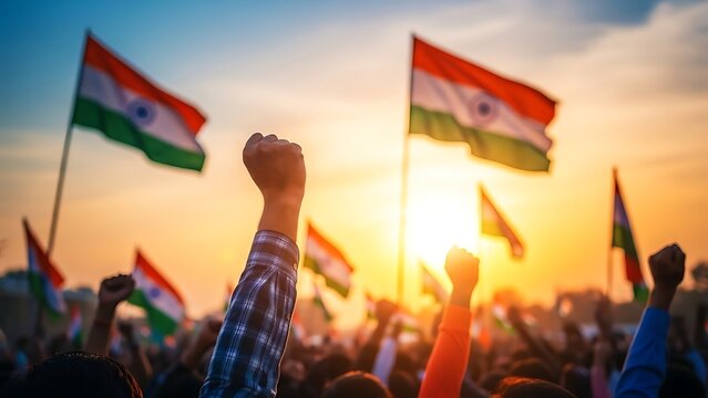 Indian flags waving at sunset during a vibrant public celebration