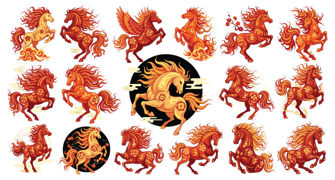 Chinese New Year 2026 Year of the Horse Vector Collection. Fire Horse Mascot Set with Traditional Patterns.