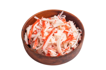 Fresh Crab meat, crabmeat in wooden bowl isolated on the white background. top view