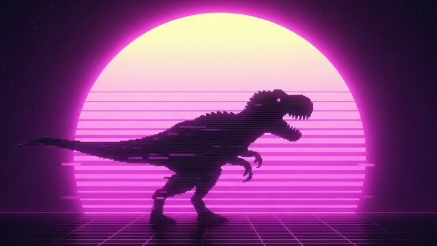 Retro Pixel Art Dinosaur Silhouette Sillhouette T-Rex Vintage. Concept featuring dinosaur, pixel art, retro, sillhouette, t-rex.