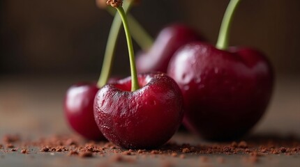 Dark red cherries with water droplets and stems fruit