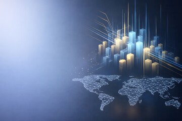 3D business finance background with growth chart, world map and digital elements