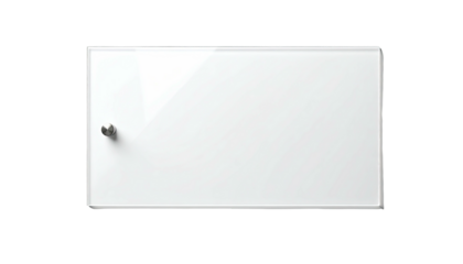 A rectangular, gleaming white board, mounted with a single silver knob, against a solid black backdrop