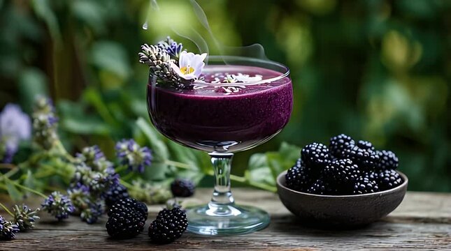 A close-up showcases a deep purple drink in a stemmed glass adorned with blooms. Fresh blackberries sit in a bowl on a wooden surface