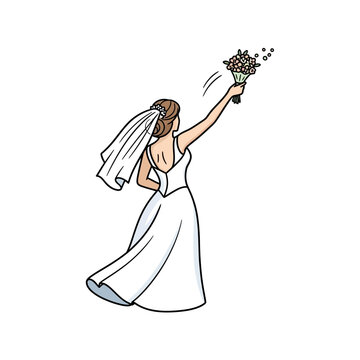Bride Throwing Bouquet in White Wedding Dress.