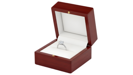 Brilliant Round Cut Diamond Engagement Ring Presented in a Luxurious Dark Wood Gift Box with a White Satin Interior