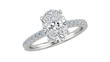 Close-Up View of a Sparkling Oval Diamond Engagement Ring with a Thin Diamond-Encrusted Band on a White Background