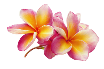 Two frangipani blossoms, pink tipped with sunny yellow centers