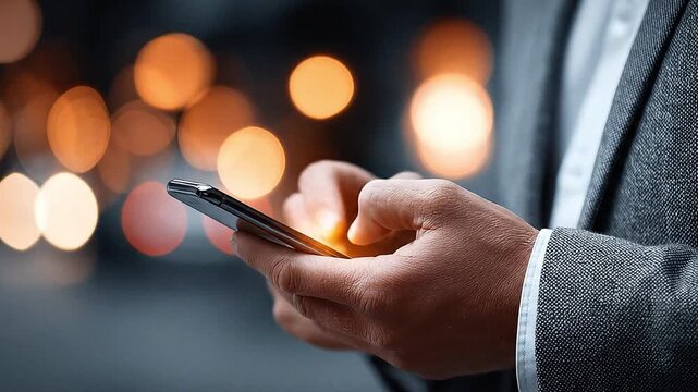 Businessman male hand using smartphone texting or communication with light bokeh standing in city street, Man use online app store for discount, sale promotions use mobile phone Closeup
