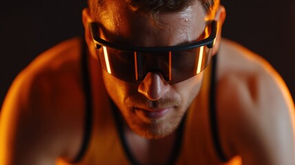 Medium shot capturing a man engaged in an energetic VR fitness routine combining cycling boxing and dance elements in a futuristic setting.