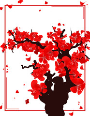 Red plum blossom tree illustration isolated on transparent background.