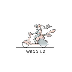 Fototapeta premium Bride Riding Scooter on Wedding Day.