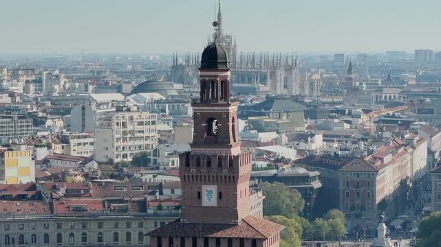 Torre sforzesca, Duomo Milano, monumento storico, panorama, Milano, Italia, citt&agrave; torre, Castello Sforzesco, Sforza, veduta aerea, 