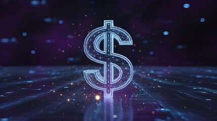 Glowing digital dollar sign in futuristic purple background with blue lines