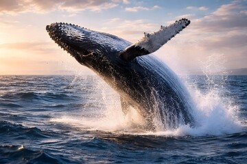 A powerful humpback whale leaping out of the ocean during golden hour, showcasing wildlife strength and beauty.
Category: Animals