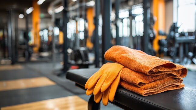 Modern gym maintenance scene with sanitation tools ready, orange gloves resting naturally, passive voice is used deliberately 
