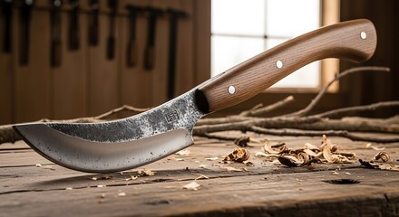 Handcrafted Forged Knife on Wooden Workbench in Workshop.
