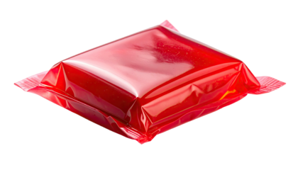 A red, rectangular package sealed in clear, shiny plastic. Edges are crimped, with light reflections