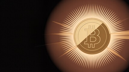 Golden Bitcoin symbol with radiant sunburst on dark background