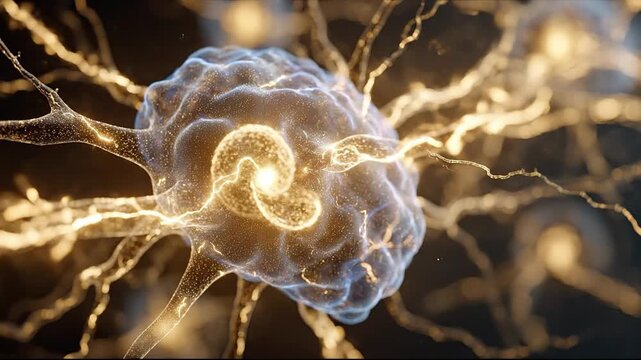 Abstract glowing neuron cell firing electrical impulses in human brain neural network illustration