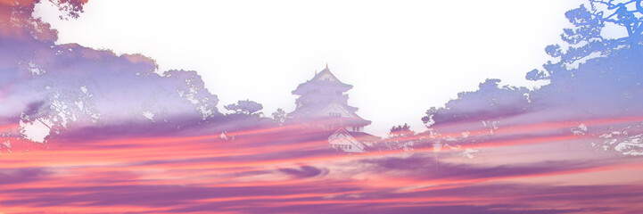 Fototapeta premium Double Exposure of Osaka Castle and Beautiful Sunset Sky