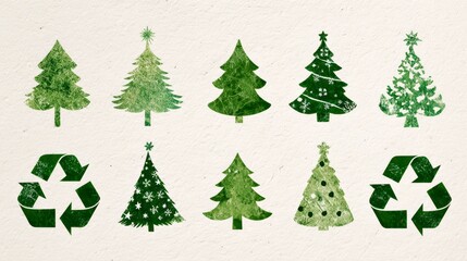 A collection of green Christmas tree illustrations with a recycling symbol for eco-friendly holiday themes