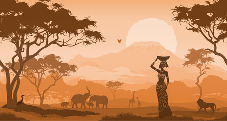 Horizontal seamless background with africa nature. Landscape with  a woman, Mount Kilimanjaro. All animals and trees are isolated - you can clean and move them. vector illustration	