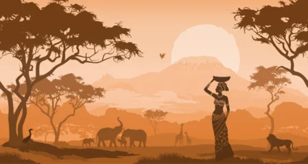 Horizontal seamless background with africa nature. Landscape with  a woman, Mount Kilimanjaro. All animals and trees are isolated - you can clean and move them. vector illustration  © kozerog2015