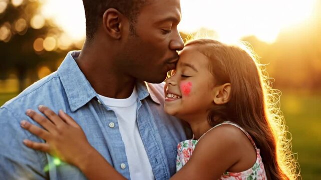 Loving Father Cradling and Kissing Daughter&acirc;&euro;TMs Forehead with a Sunset Backdrop, Demonstrating Affection