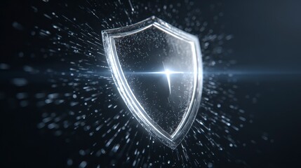 A luminous, transparent shield symbol floats against a dark background, surrounded by sparkling particles, suggesting protection