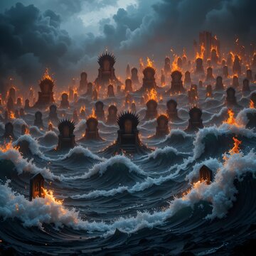A dramatic and vibrant depiction of a city on fire in the ocean