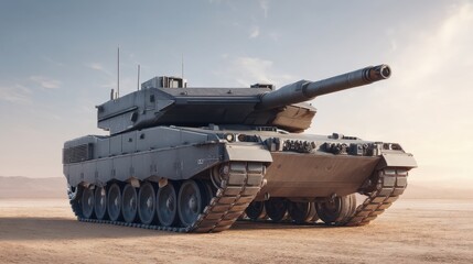 Military Tank in an Open Landscape Under a Bright Sun with Tracks Visible on an Empty Ground Surface